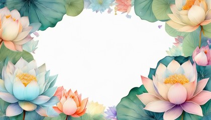 watercolor pastel lotus flower frame, flower around frame, white color free space for your text and advertising. for banner for invitation, greeting cad, wedding decor. Spa, meditation center poster.