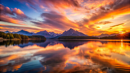 Fototapeta premium stunning sunset casts warm glow over peaceful lake, reflecting vibrant colors and majestic mountains. serene landscape evokes sense of tranquility and natural beauty