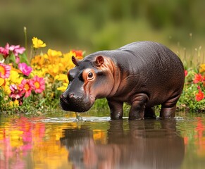 Fototapeta premium A hippo wades through water surrounded by colorful flowers, showcasing a vibrant natural landscape.