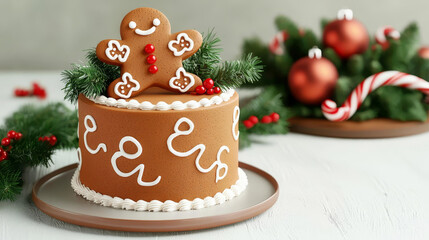 Gingerbread baby shower cake, festive Christmas table setting, 3D illustration