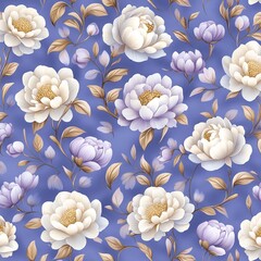 A vibrant floral pattern featuring white and light purple peonies against a soft blue background, adorned with delicate leaves.