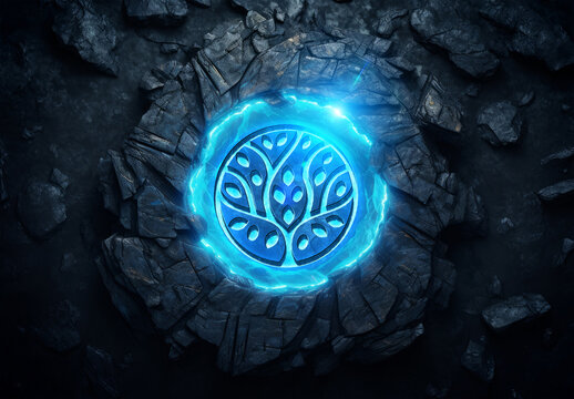 Blue Glowing Logo Mockup Carved In a Dark Pedestral Stone. Generative Ai