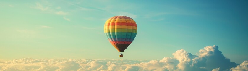 Fototapeta premium A colorful hot air balloon soaring high above fluffy clouds under a bright blue sky, perfect for capturing a sense of adventure.