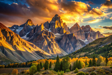 Obraz premium Majestic mountains rise towards sky, illuminated by warm glow of setting sun. vibrant autumn foliage adds stunning contrast to rugged landscape, creating breathtaking scene