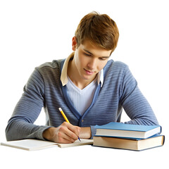 Cheerful student writing and posing