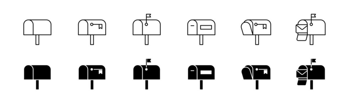 Mailbox icon set. Line and glyph mail box vector. Letter box with envelope