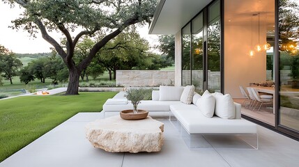 A modern patio with transparent outdoor furniture and glowing garden lights, promoting outdoor living