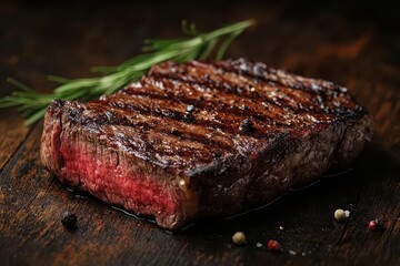 a beautifully grilled beef steak perfectly seared and presented on a rustic wooden background emanating mouthwatering aromas and textures