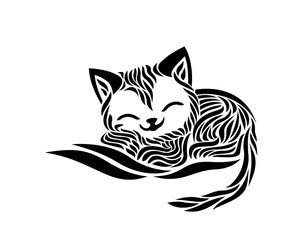 sleeping cat happy full hair art style logo design template illustration