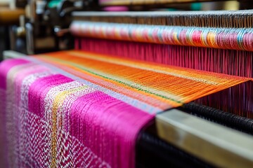 A loom in operation, weaving a vibrant patterned textile with precision, showing the alignment of warp and weft threads in detail, with empty area on the right for text,