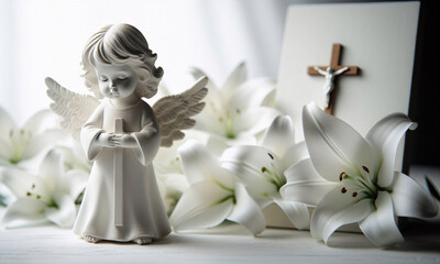 Trauer, Lilien ,ein Kreuz und und ein wei&szlig;er kleiner Engel betend, copy space