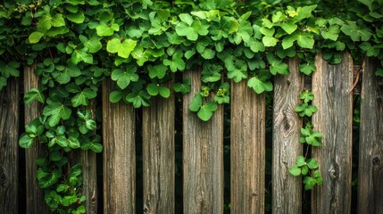 A lush green vine gracefully cascades over a rustic wooden fence, creating a natural and serene outdoor environment.