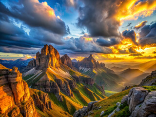 Naklejka premium breathtaking mountainous landscape stretches towards sky as first rays of sunlight illuminate peaks, creating stunning display of colors and shadows