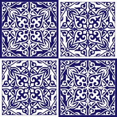 Ceramic Tile pattern seamless with stylization flowers motifs. Turkish ornament, Azulejo portuguese tiles, spanish, moroccan, italian majolica, arabic design. Print for wrapping, background, ceramic.