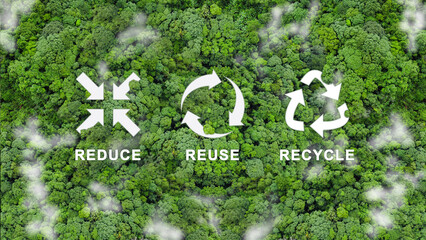 Reduce, reuse, recycle symbol in the middle of a beautiful untouched jungle. Ecological concept. An...