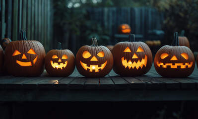A row of various sized carved Hallowe'en Pumpkins with different facial expressions glowing in the dark.