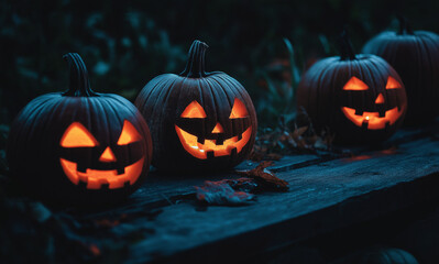 A row of various sized carved Hallowe'en Pumpkins with different facial expressions glowing in the dark.