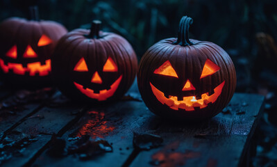 A row of various sized carved Hallowe'en Pumpkins with different facial expressions glowing in the dark.