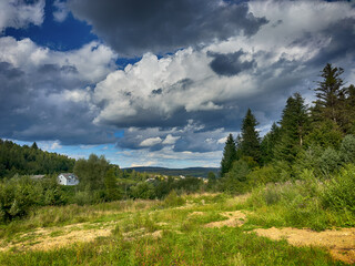 The landscape of Carpathian Mountains in the cloudy weather. Perfect weather condition in the summer season