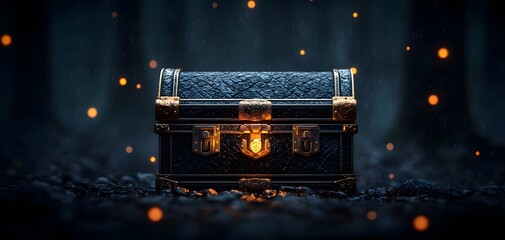 A beautiful treasure chest with intricate designs, glowing softly in a dark, misty forest, evoking mystery and allure.