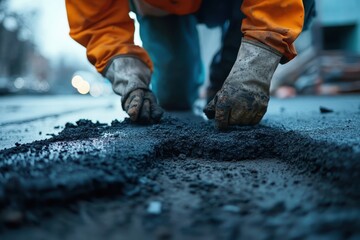 A worker repairs a road surface with asphalt, showcasing construction efforts.