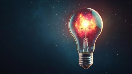 Electric light bulb with a glowing nebula inside, surrounded by ambient cosmic dust, representing the limitless potential of the universe