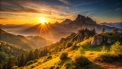 breathtaking sunrise illuminates mountain landscape, casting golden light over rolling hills and lush greenery. warm hues create serene and tranquil atmosphere