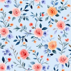 A vibrant floral pattern featuring roses and small blossoms on a light blue background, creating a cheerful and fresh aesthetic.