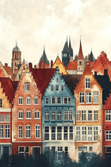 Obraz premium Bruges, color pen pencil hand-drawn effect drawing illustration for travel poster, card, wallpaper, backdrop or banner. Modern, clear, artistic and simple