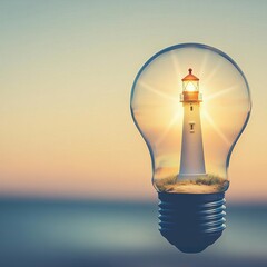 Electric light bulb with a tiny lighthouse inside, glowing in an ambient coastal scene, representing guidance, hope, and illumination