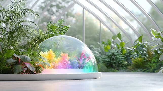 An avant-garde greenhouse with shifting holographic plants and glowing foliage
