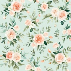 A vibrant floral pattern featuring soft pink roses and green leaves on a light blue background, perfect for decorative use.