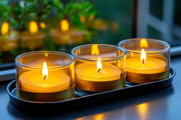 A set of three glass candles glowing warmly on a black tray with soft holiday lighting in the background creating a cozy and elegant scene