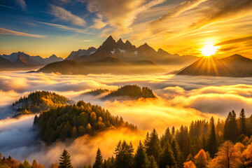 Naklejka premium breathtaking view of misty mountain valleys bathed in warm golden light during sunrise, creating serene and tranquil atmosphere. landscape features lush forests and majestic peaks