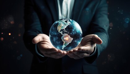 Hand of businessman holding earth planet