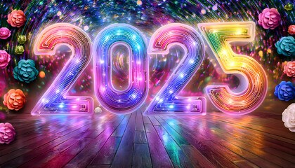 new, year, neon, sign, numbers, number, y2k, style, 2025, 90s, party, floral, color, marketing, banner, copy space, light, laser, cyber, roses, new year, night, celebration, happy, rainbow, flowers, 