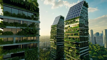 A view of green, sustainable skyscrapers in a city