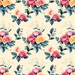 A vibrant floral pattern featuring roses and leaves, perfect for wallpapers or textiles.