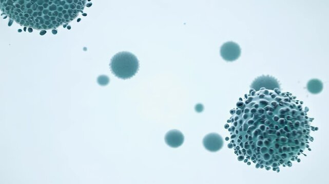 Cancer cells rapidly divide and expand, overtaking healthy tissue against a bright white background, captured with a zoom-out camera movement and ambient lighting