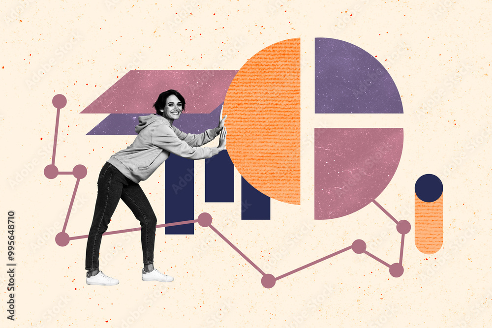 Aufkleber creative abstract template collage of funny female push graph analyze earning data unusual fantasy b