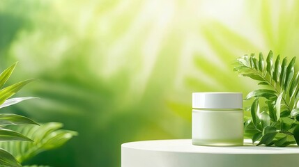 A serene image featuring a cream jar surrounded by lush greenery, emphasizing natural beauty and skincare.
