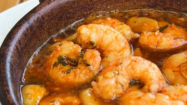 Traditional Spanish Gambas pil pil sizzling on a hot plate in Marbella Spain, spicy shrimp dish with garlic, 4K shot