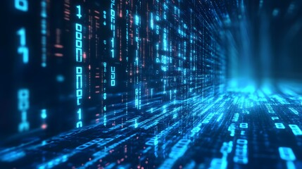 Fototapeta premium Digital background featuring blue glowing binary code, representing data technology and cybersecurity in a black space