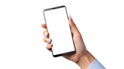 A woman's hand is holding a white screen smartphone with a firm grip and transparent background PNG.