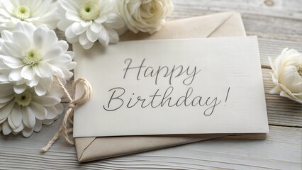 Birthday greeting card with white flowers and vintage envelopes on wooden background