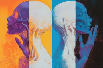 Colorful abstract artwork depicting four profiles of human-like skulls with vibrant blue, orange, and purple hues