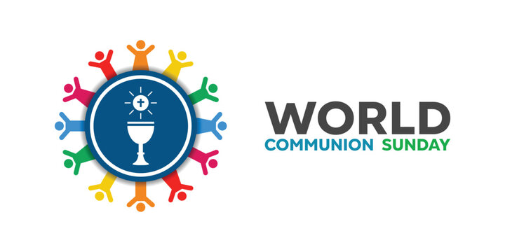 World Communion Sunday. Peoples, cup and bread. Great for cards, banners, posters, social media and more. White background.