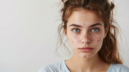 Naklejka premium Woman with Acne on Her Face Looking Straight Ahead in White Shirt Against White Background