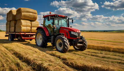 Obraz premium Rural landscape wheat field Tractor with hay trailer full of straw blue sky with fluffy clouds golden harvest agricultural machinery farmland scenery countryside summer day