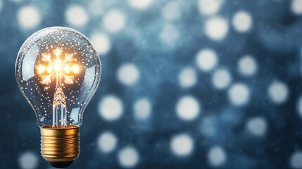 Electric light bulb with tiny snowflakes suspended inside, glowing softly in an ambient winter wonderland, representing the beauty of fleeting moments